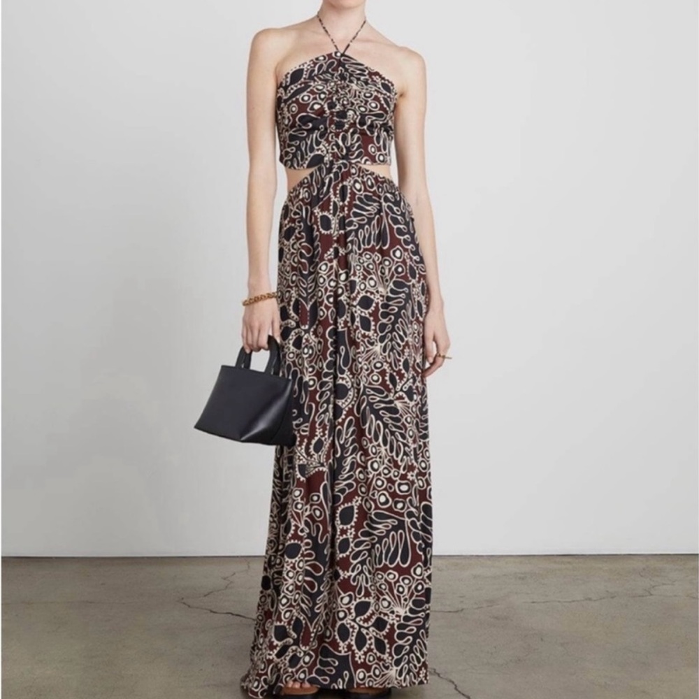 NWT WHO WHAT WEAR Black, Brown & White Charms Halter-Neck Dress W/ Side Cutouts